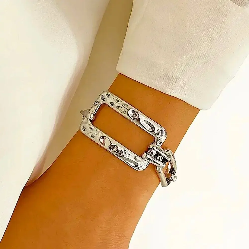 Stainless Steel Rectangular Bracelet Boho Hammered Chain Link